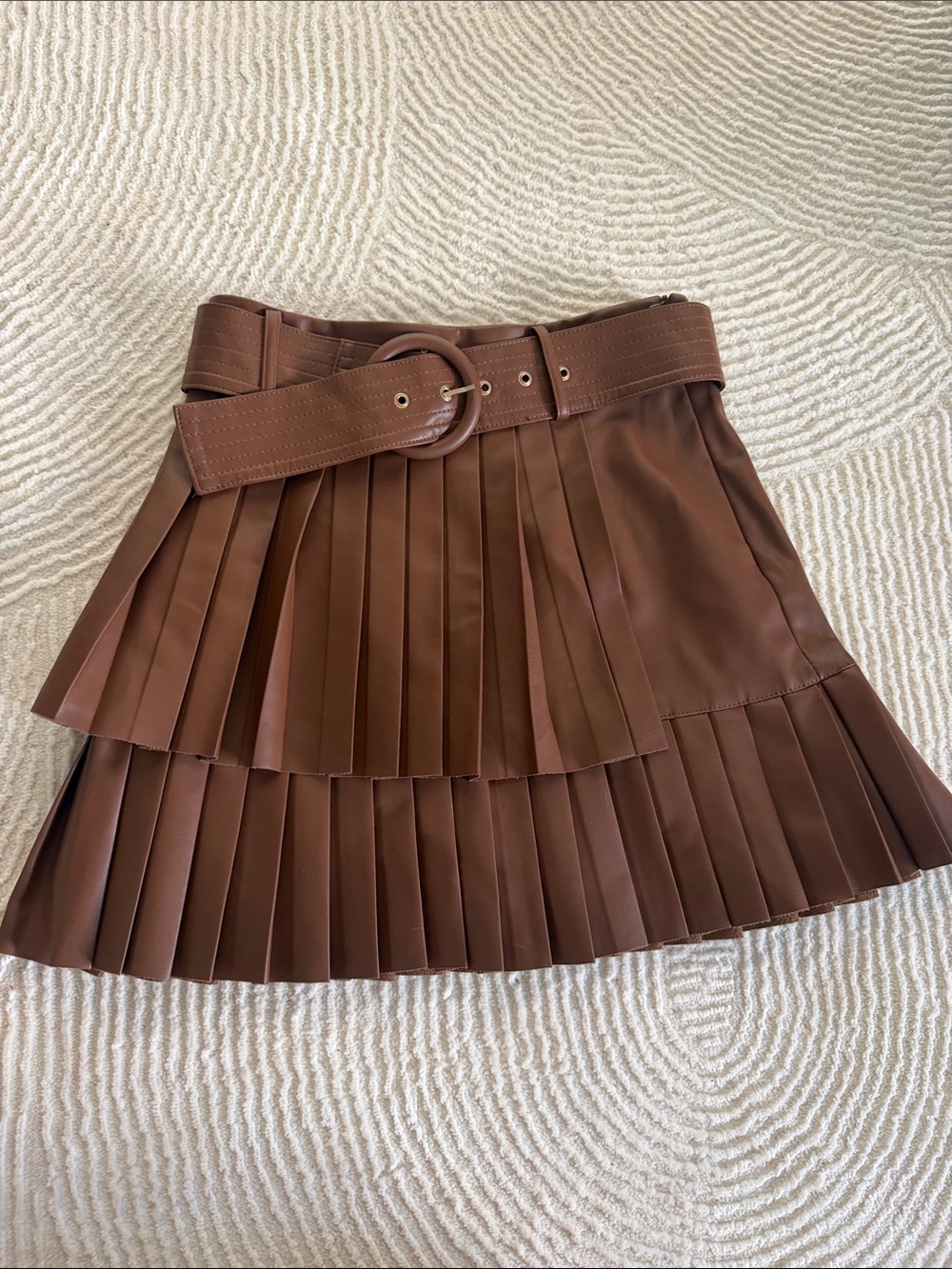 Zara Chocolate Brown Pleated Faux-Leather Mini Skirt with Belt
